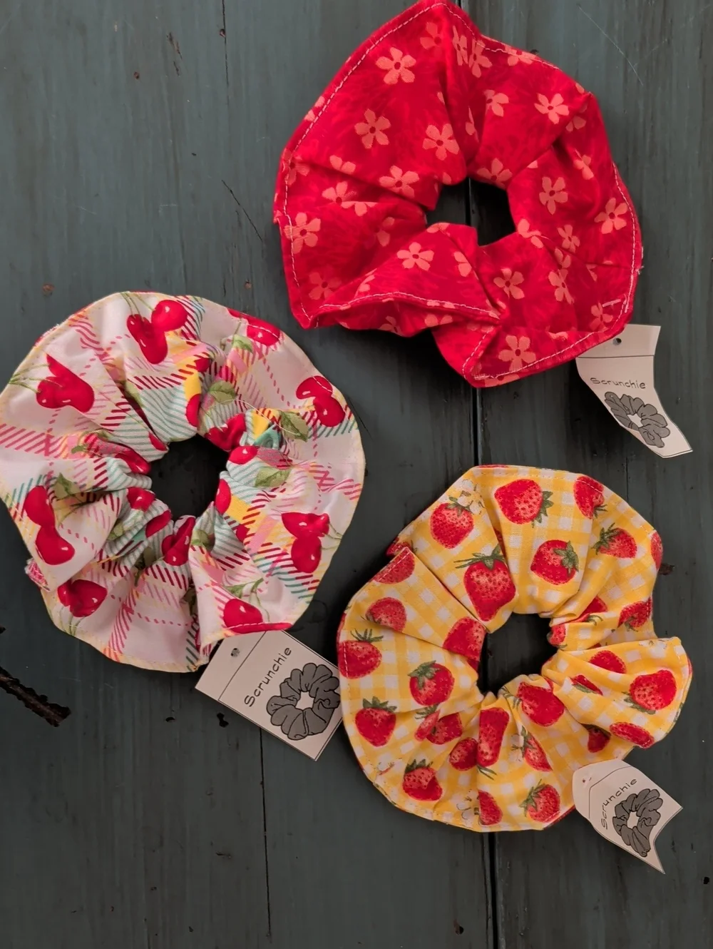 Colorful Strawberry Cherry Floral Plaid Scrunchies Set of 3 Handmade